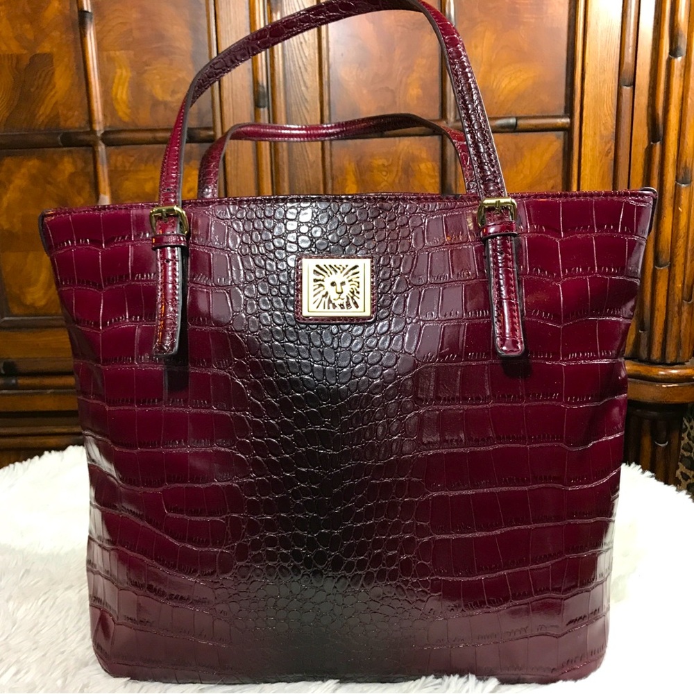 Anne Klein Burgundy Lion Logo Croc Embossed Vegan Leather Tote